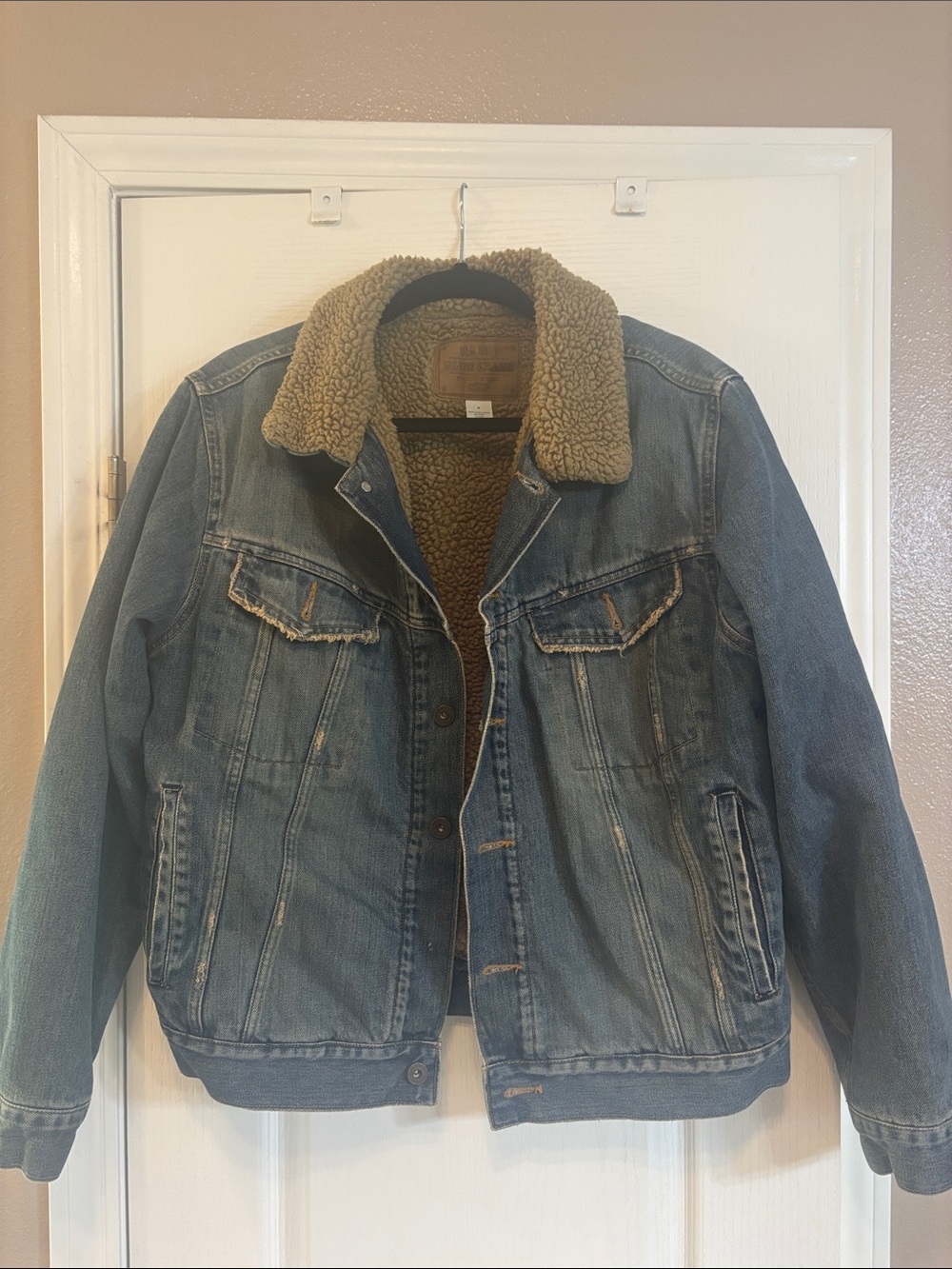 Old Navy Blue Denim Jacket with Tan Sherpa Collar